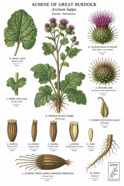 Botanical illustration of Achene of Great Burdock, Arctium lappa, showing habit, leaves, flowers, fruit, seed, root, and diagnostic plant details.