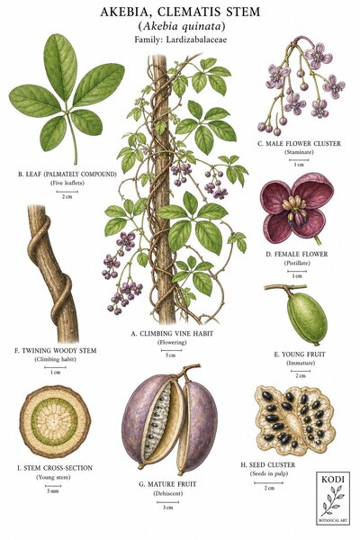 Botanical illustration of Akebia, Clematis Stem, Akebia quinata, showing habit, leaves, flowers, fruit, seed, stem cross-section, and diagnostic plant details.