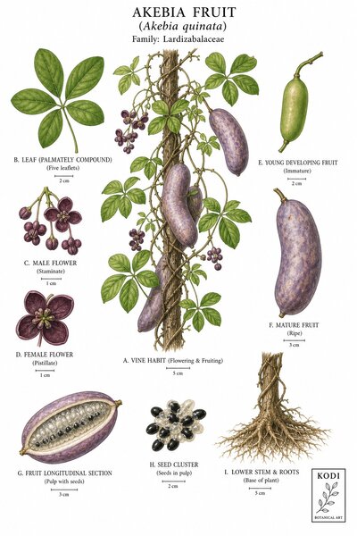 Botanical illustration of Akebia Fruit, Akebia quinata, showing habit, leaves, flowers, fruit, seed, root, and diagnostic plant details.