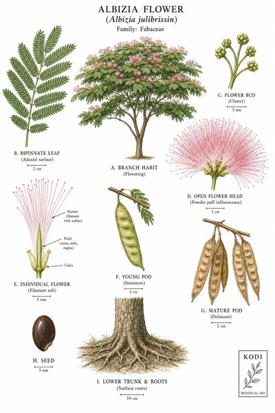 Botanical illustration of Albizia Flower, Albizia julibrissin, showing habit, leaves, flowers, fruit, seed, root, and diagnostic plant details.