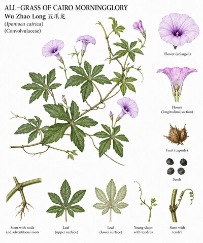Botanical illustration of All-Grass of Cairo Morningglory, Ipomoea cairica, showing habit, leaves, flowers, fruit, seed, root, and diagnostic plant details.