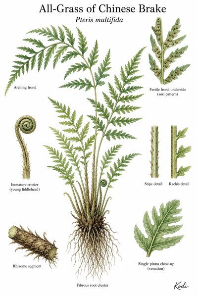 Botanical illustration of All-Grass of Chinese Brake, Pteris multifida, showing habit, fronds, sori, rhizome, and diagnostic plant details.