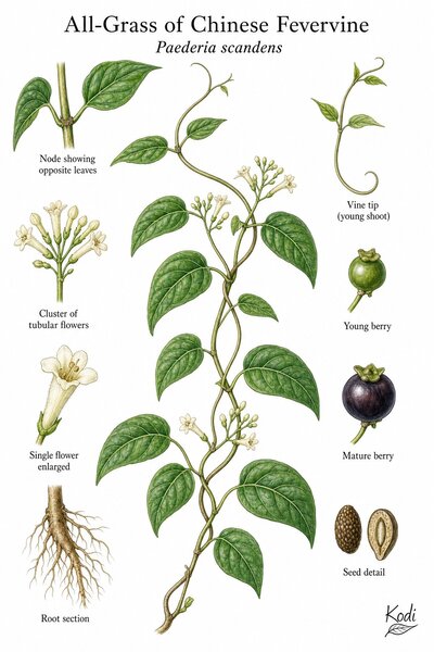 Botanical illustration of All-Grass of Chinese Fevervine, Paederia scandens, showing habit, leaves, flowers, fruit, seed, root, and diagnostic plant details.