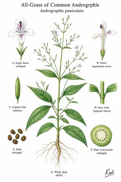 Botanical illustration of All-Grass of Common Androgrphis, Andrographis paniculata, showing habit, leaves, flowers, fruit, seed, root, and diagnostic plant details.