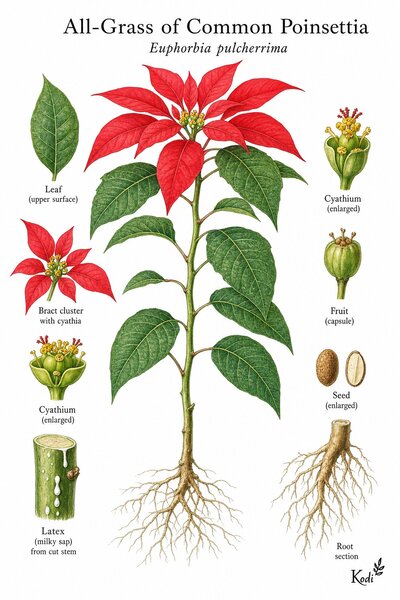 Botanical illustration of All-Grass of Common Poinsettia, Euphorbia pulcherrima, showing habit, leaves, flowers, fruit, seed, root, and diagnostic plant details.