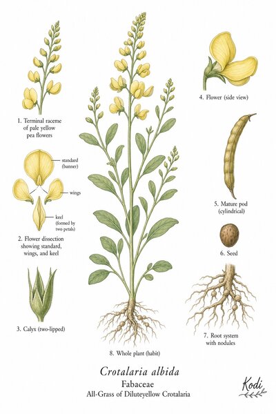 Botanical illustration of All-Grass of Diluteyellow Crotalaria, Crotalaria albida, showing habit, leaves, flowers, fruit, seed, root, and diagnostic plant details.