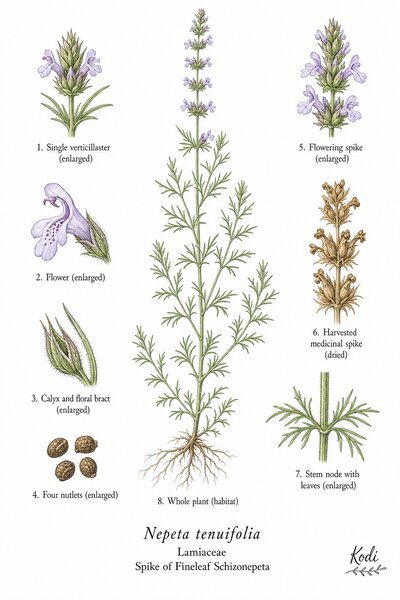 Botanical illustration of Spike of Fineleaf Schizonepeta, Nepeta tenuifolia, showing habit, leaves, flower spikes, flowers, fruit, seed, and diagnostic plant details.