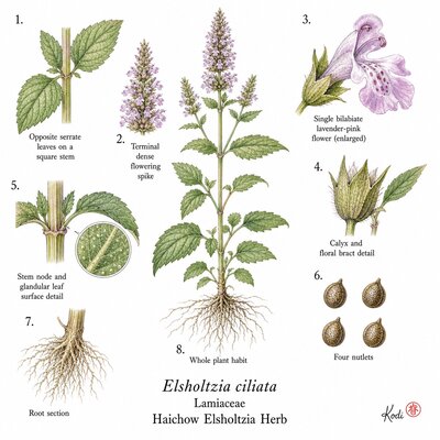 Botanical illustration of Haichow Elsholtzia Herb, Elsholtzia ciliata, showing habit, leaves, flower spikes, flowers, nutlets, root, and diagnostic plant details.