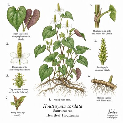Botanical illustration of Heartleaf Houttuynia, Houttuynia cordata, showing habit, leaves, flower spikes, rhizome, roots, and diagnostic plant details.