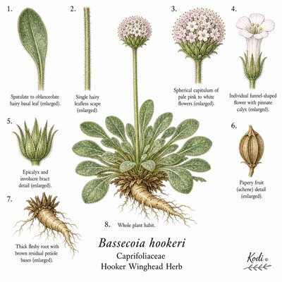 Botanical illustration of Hooker Winghead Herb, Bassecoia hookeri, showing habit, leaves, flower heads, fruit, root, and diagnostic plant details.