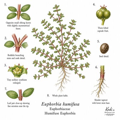 Botanical illustration of Humifuse Euphorbia, Euphorbia humifusa, showing habit, leaves, cyathia, fruit, seed, root, and diagnostic plant details.