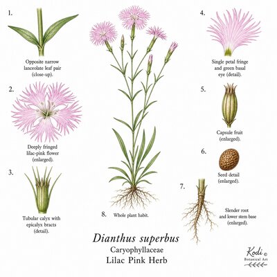 Botanical illustration of Lilac Pink Herb, Dianthus superbus, showing habit, leaves, flowers, capsule fruit, seed, root, and diagnostic plant details.