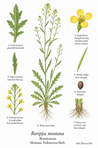 Botanical illustration of Montane Yellowcress Herb, Rorippa montana, showing habit, leaves, flowers, silique fruit, seed, root, and diagnostic plant details.