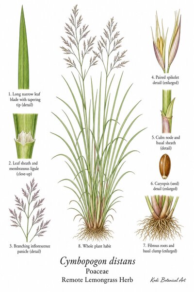 Botanical illustration of Remote Lemongrass Herb, Cymbopogon distans, showing habit, leaves, inflorescence, spikelets, seed, roots, and diagnostic plant details.