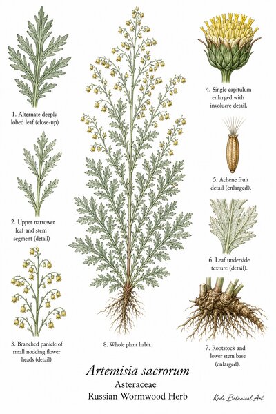 Botanical illustration of Russian Wormwood Herb, Artemisia sacrorum, showing habit, leaves, flower heads, achene fruit, rootstock, and diagnostic plant details.