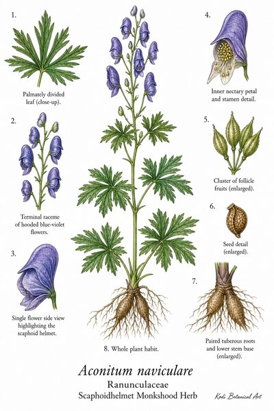 Botanical illustration of Scaphoidhelmet Monkshood Herb, Aconitum naviculare, showing habit, leaves, hooded flowers, follicle fruit, seed, tuberous roots, and diagnostic plant details.
