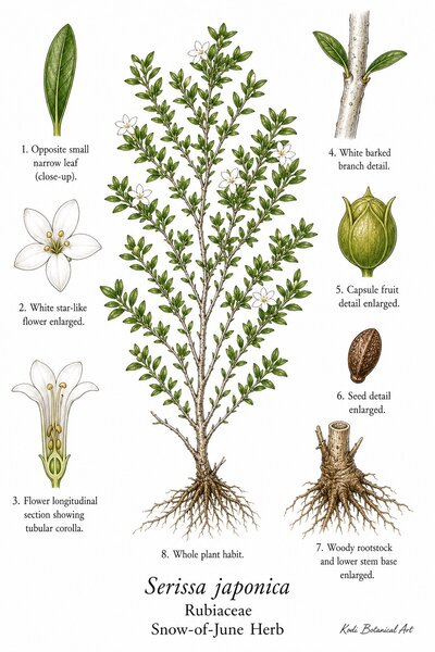 Botanical illustration of Snow-of-June Herb, Serissa japonica, showing habit, leaves, flowers, capsule fruit, seed, woody base, and diagnostic plant details.