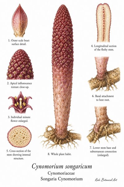 Botanical illustration of Songaria Cynomorium, Cynomorium songaricum, showing fleshy parasitic stem habit, scale bracts, flowers, internal stem structure, host-root attachment, and diagnostic plant details.