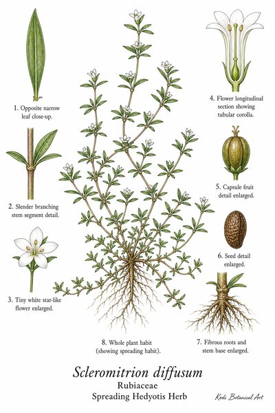 Botanical illustration of Spreading Hedyotis Herb, Scleromitrion diffusum, showing habit, leaves, flowers, capsule fruit, seed, root, and diagnostic plant details.