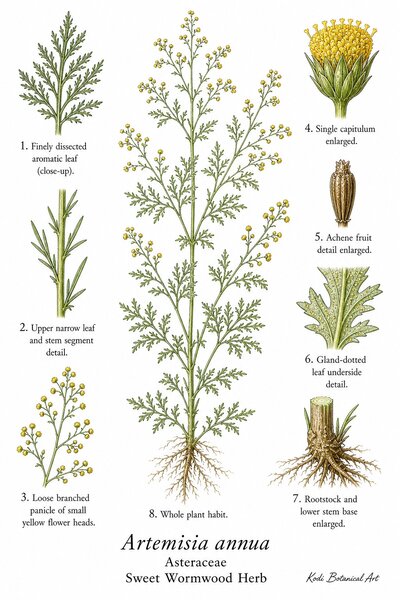 Botanical illustration of Sweet Wormwood Herb, Artemisia annua, showing habit, leaves, flower heads, achene fruit, rootstock, and diagnostic plant details.