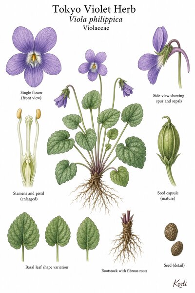 Botanical illustration of Tokyo Violet Herb, Viola philippica, showing low habit, leaves, violet flower, spur, capsule, rootstock, and diagnostic plant details.