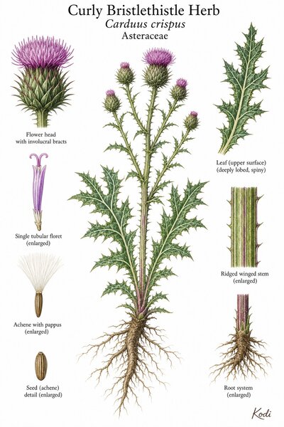 Botanical illustration of Curly Bristlethistle Herb, Carduus crispus, showing habit, spiny leaves, flower head, floret, achene, root, and diagnostic plant details.