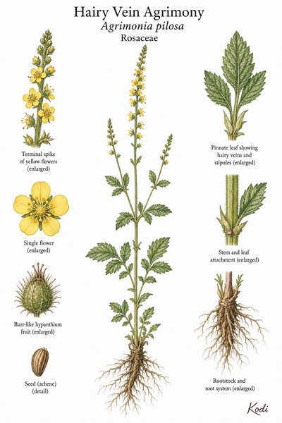 Botanical illustration of Hairy Vein Agrimony, Agrimonia pilosa, showing habit, leaves, flower spike, hypanthium fruit, rootstock, and diagnostic plant details.