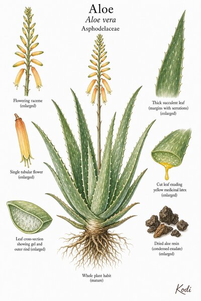 Botanical illustration of Aloe, Aloe vera, showing rosette habit, leaf section, flower spike, yellow latex exudate, dried aloe resin, roots, and diagnostic plant details.