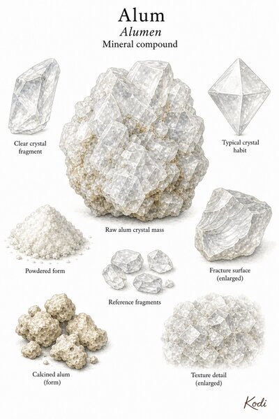 Scientific specimen plate of Alum, Alumen, showing raw crystals, crystal habit, translucent fragments, powder form, calcined form, and diagnostic material details.