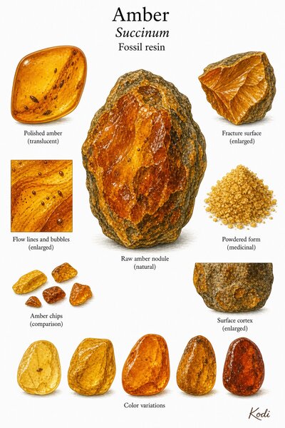Scientific specimen plate of Amber, Succinum, showing raw amber, polished amber, fracture surface, translucent internal flow lines, powdered form, and diagnostic material details.
