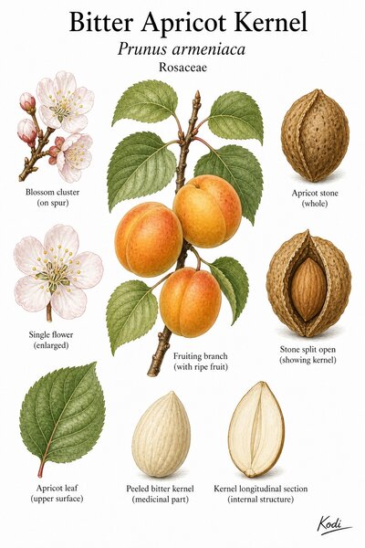 Botanical illustration of Bitter Apricot Kernel, Prunus armeniaca, showing apricot branch, blossom, stone, peeled medicinal kernel, and diagnostic plant details.