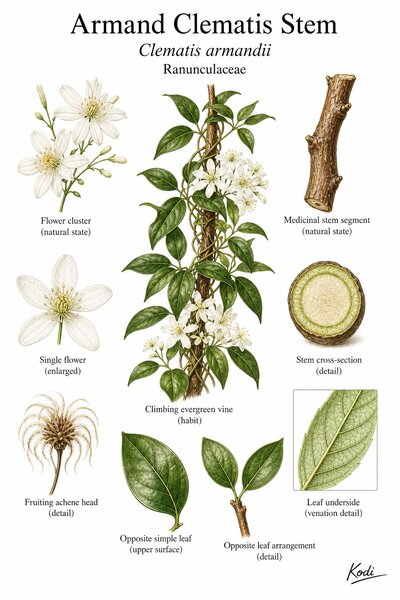 Botanical illustration of Armand Clematis Stem, Clematis armandii, showing climbing vine, leathery leaves, white flowers, woody stem, and diagnostic plant details.