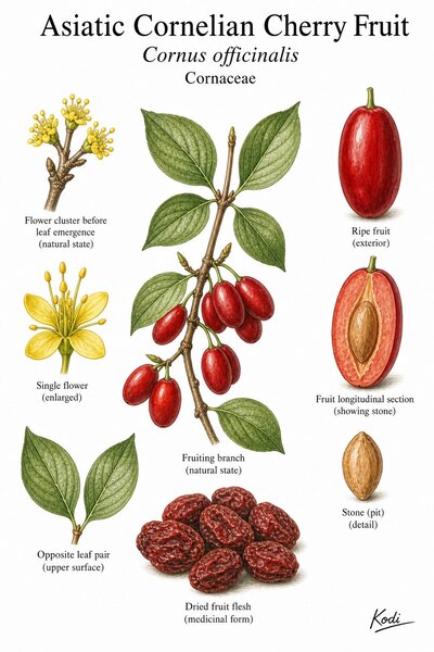 Botanical illustration of Asiatic Cornelian Cherry Fruit, Cornus officinalis, showing flowering and fruiting branch, whole fruit, stone, dried medicinal flesh, and diagnostic plant details.