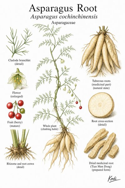 Botanical illustration of Asparagus Root, Asparagus cochinchinensis, showing asparagus habit, cladodes, flowers, berries, tuberous medicinal roots, and diagnostic plant details.