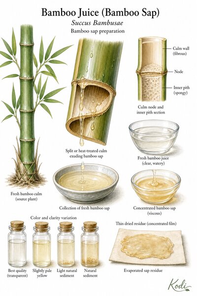 Materia medica specimen plate of Bamboo Juice (Bamboo Sap), Succus Bambusae, showing bamboo culm segment, exuding sap, culm node, fresh bamboo juice sample, concentrated sap, and diagnostic specimen details.
