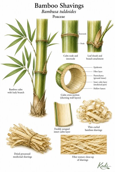 Botanical illustration of Bamboo Shavings, Bambusa tuldoides, showing bamboo culm, culm node, inner culm shavings, processed strips, and diagnostic plant details.