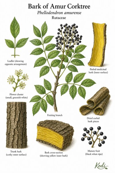 Botanical illustration of Bark of Amur Corktree, Phellodendron amurense, showing pinnate leaves, fruit cluster, corky bark, yellow inner bark, harvested bark strips, and diagnostic plant details.