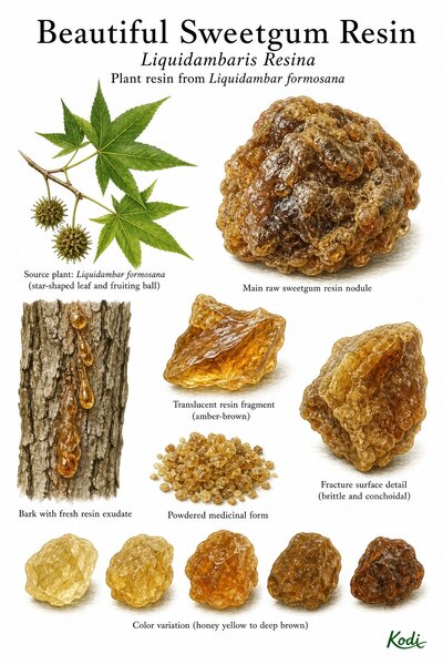 Scientific specimen plate of Beautiful Sweetgum Resin, Liquidambaris Resina, showing raw sweetgum resin, fresh exudate on bark, source leaf and fruit context, powder, and diagnostic resin details.