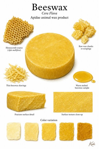 Scientific specimen plate of Beeswax, Cera Flava, showing honeycomb source context, raw wax blocks, shavings, melted wax, and diagnostic material details.