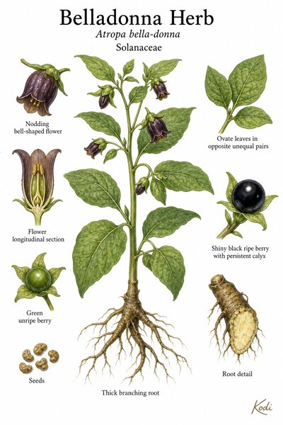 Botanical illustration of Belladonna Herb, Atropa bella-donna, showing flowering habit, leaves, flower, berry, root, and diagnostic plant details.