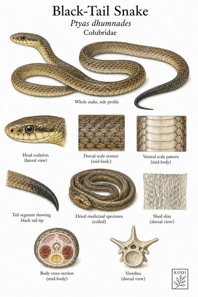 Scientific specimen plate of Black-Tail Snake, Ptyas dhumnades, showing whole snake form, scale pattern, dark tail tip, dried medicinal body, and diagnostic material details.