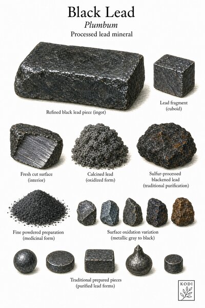 Scientific specimen plate of Black Lead, Plumbum, showing refined lead pieces, calcined forms, sulfur-processed material, powder, and diagnostic material details.