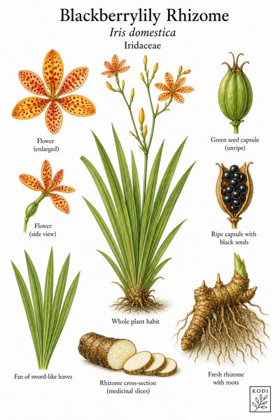 Botanical illustration of Blackberrylily Rhizome, Iris domestica, showing habit, leaves, flowers, fruit, rhizome, and diagnostic plant details.
