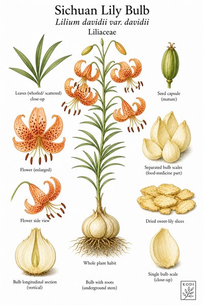 Botanical illustration of Sichuan Lily Bulb, Lilium davidii var. davidii, showing habit, leaves, flower, bulb, bulb scales, and diagnostic plant details.