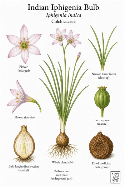 Botanical illustration of Indian Iphigenia Bulb, Iphigenia indica, showing habit, leaves, flower, bulb, capsule, and diagnostic plant details.
