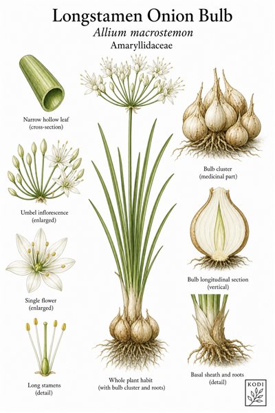 Botanical illustration of Longstamen Onion Bulb, Allium macrostemon, showing habit, leaves, inflorescence, bulb, and diagnostic plant details.