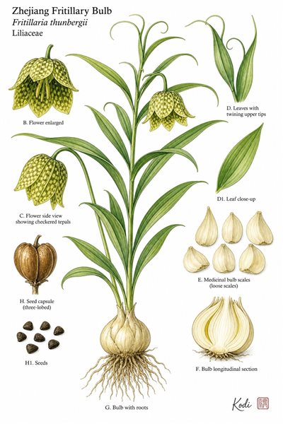 Botanical illustration of Zhejiang Fritillary Bulb, Fritillaria thunbergii, showing habit, leaves, flower, bulb, medicinal bulb scales, and diagnostic plant details.