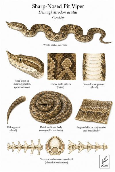Scientific specimen plate of Sharp-Nosed Pit Viper, Deinagkistrodon acutus, showing whole snake form, head, scale pattern, prepared medicinal body, and diagnostic material details.
