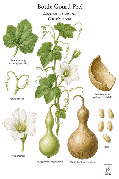 Botanical illustration of Bottle Gourd Peel, Lagenaria siceraria, showing vine habit, leaves, flowers, gourds, peel, seeds, and diagnostic plant details.