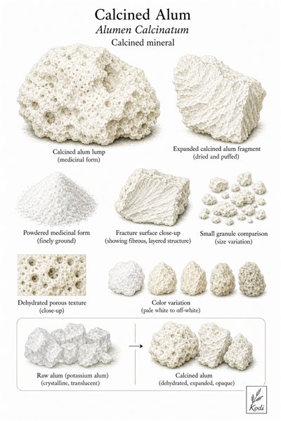 Scientific specimen plate of Calcined Alum, Alumen Calcinatum, showing calcined lumps, chalky fracture, powder, and diagnostic mineral details.
